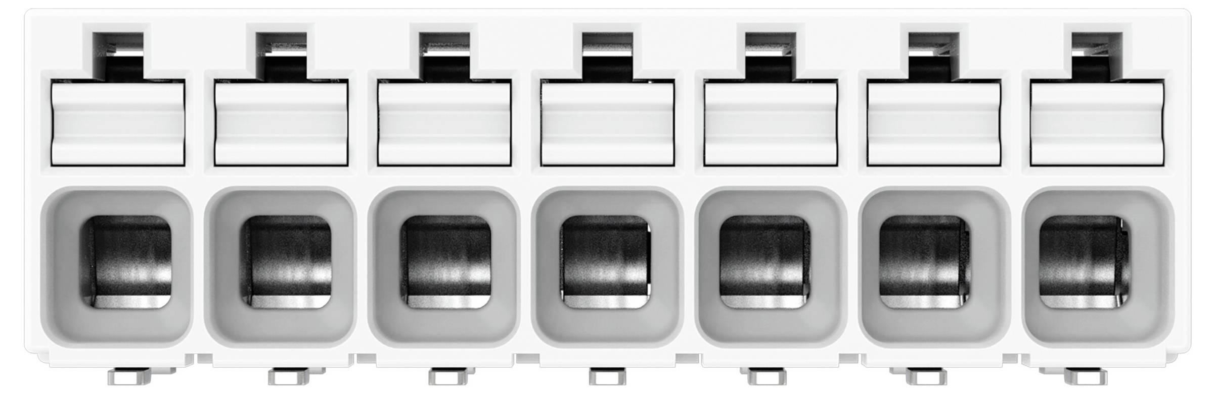Eine Draufsicht eines weißen Elektro-Klemmblocks mit sieben Anschlüssen, geeignet zum Sichern und Verbinden mehrerer Drähte.