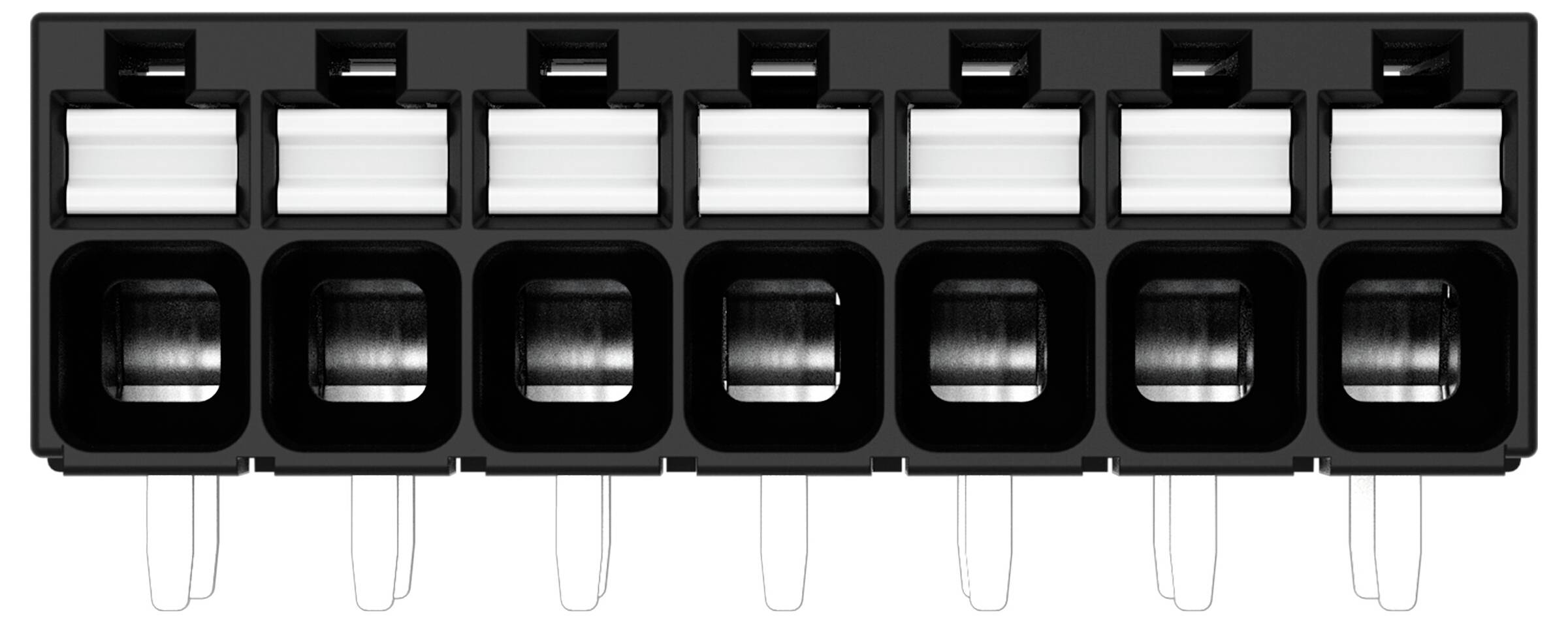 Ein schwarzer rechteckiger Elektrosteckerblock mit sieben Drahtanschlüssen, entwickelt für sichere Drahtverbindungen, jeder mit einem weißen Hebel.