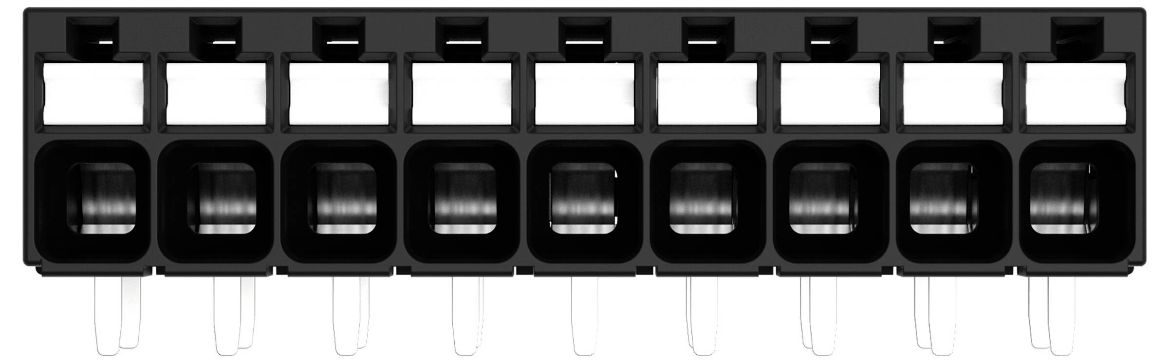 Ein schwarzes rechteckiges Elektrostecker-Anschlussfeld mit zehn Schlitzen, in jedem mit einem sichtbaren Metallkontakt im Inneren, entworfen für Drahtverbindungen.