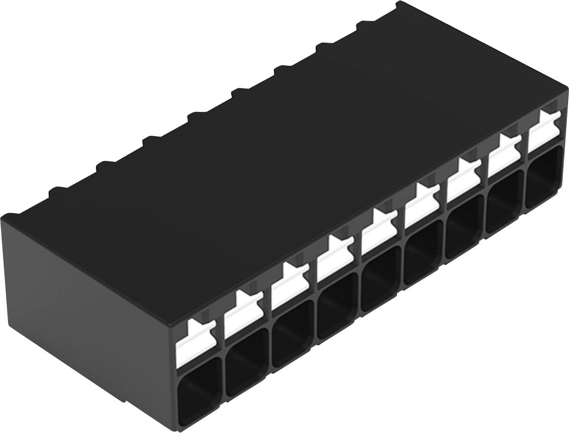 Ein schwarzer, rechteckiger elektrischer Stecker mit mehreren Schlitzen, von denen jeder eine weiße Verriegelung aufweist, wird für Netzwerk- oder Datengeräteverbindungen verwendet.