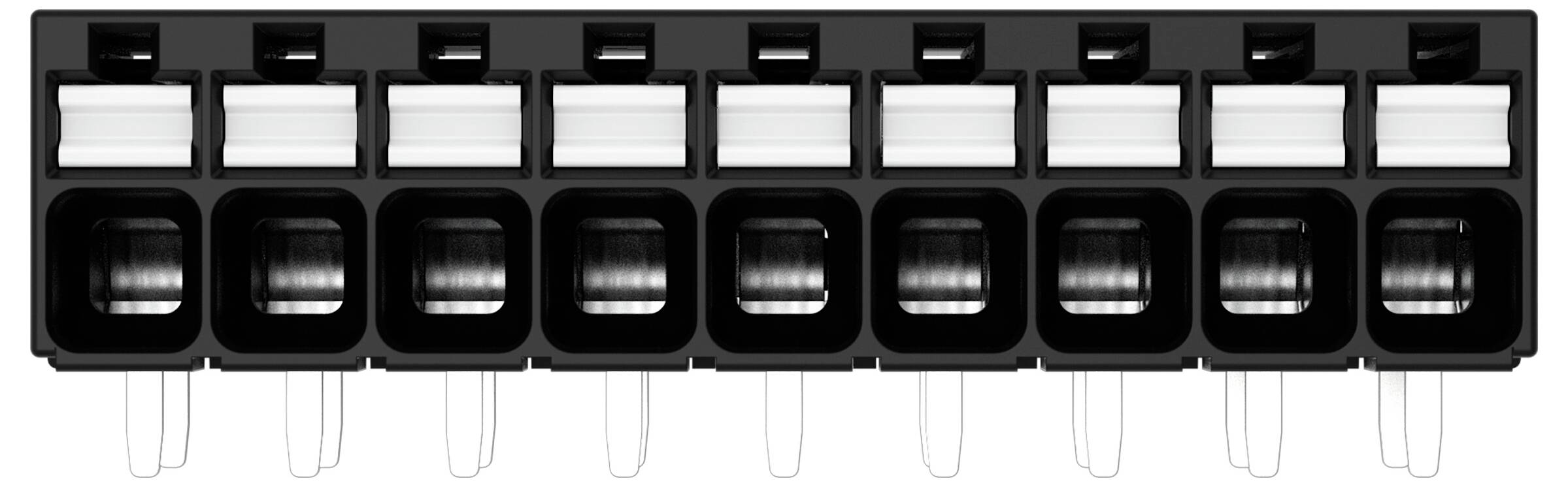 Schwarzes Kunststoffgehäuse mit acht rechteckigen Schlitzen, die jeweils Metallverbinder enthalten, wahrscheinlich für elektronische oder elektrische Verwendung.