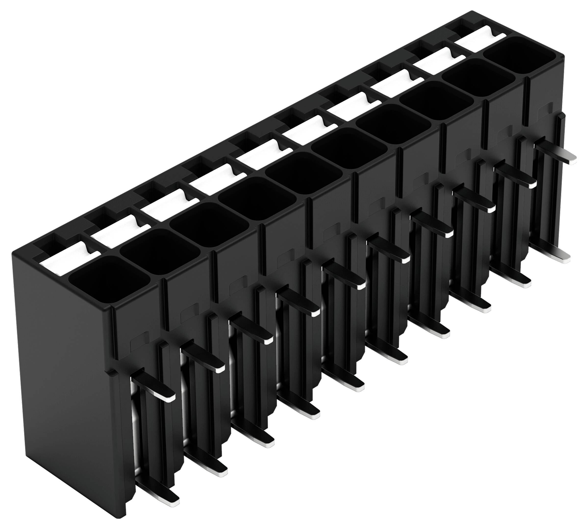 Schwarzer 10-poliger Stecker mit Stiftkontakten in gerader Ausführung, mit metallischen Stiften und Kunststoffgehäuse, verwendet für elektronische Schaltungsverbindungen.
