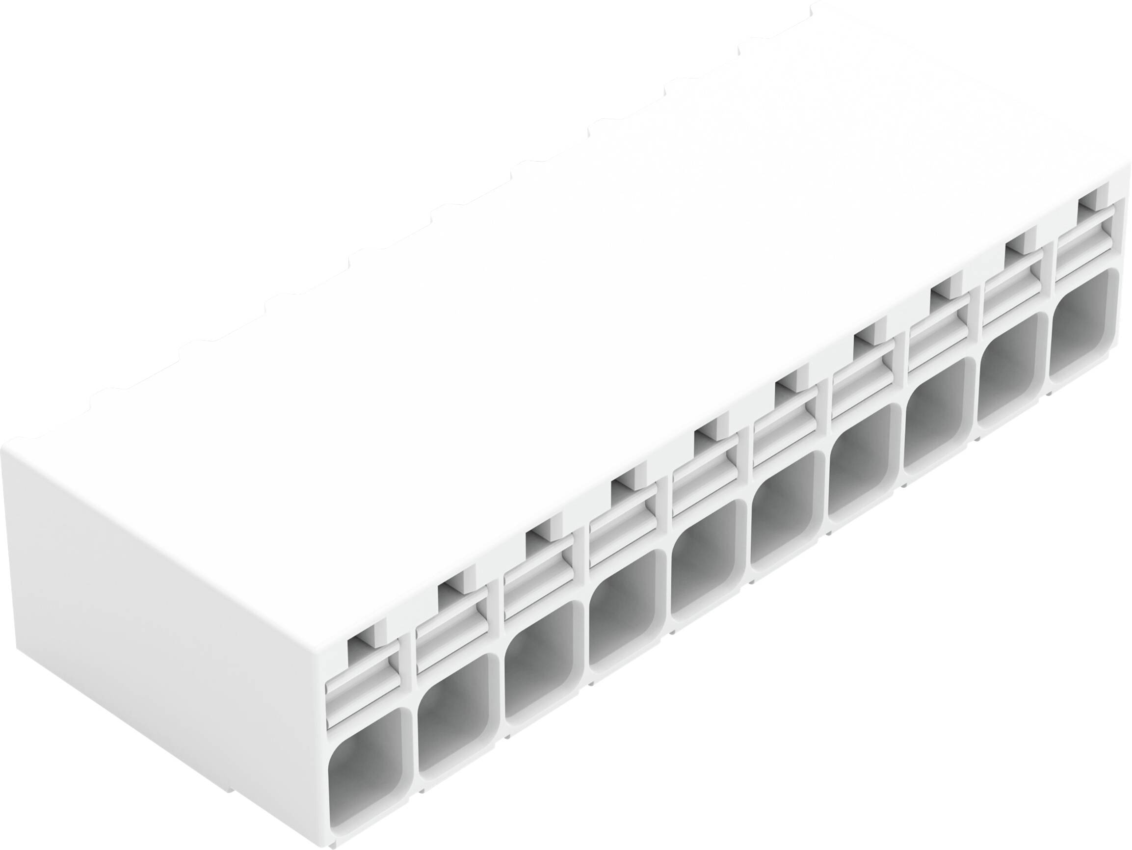 Ein weißer rechteckiger Kunststoff-Klemmenleiste mit zwölf Anschlussplätzen, verwendet zum Organisieren und Verbinden von elektrischen Drähten.