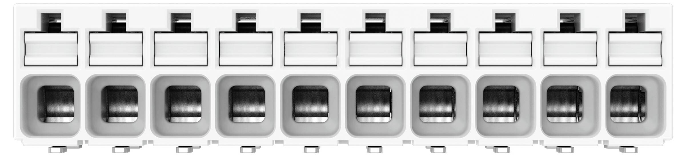 Reihe von neun weißen Elektroschaltern, jeder mit einem rechteckigen Wippschalter und Anzeierfenster, horizontal auf einem weißen Bedienfeld angeordnet.