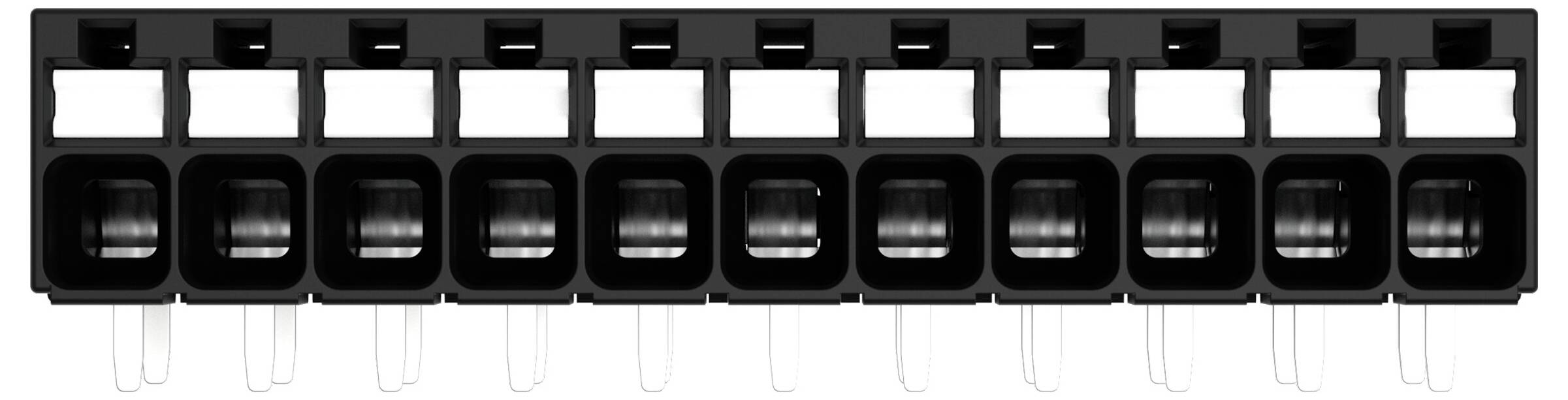 Ein schwarzer Elektrostecker mit zehn Kontakten, geeignet zur Montage auf einer Leiterplatte, verwendet zum Verbinden elektronischer Komponenten.