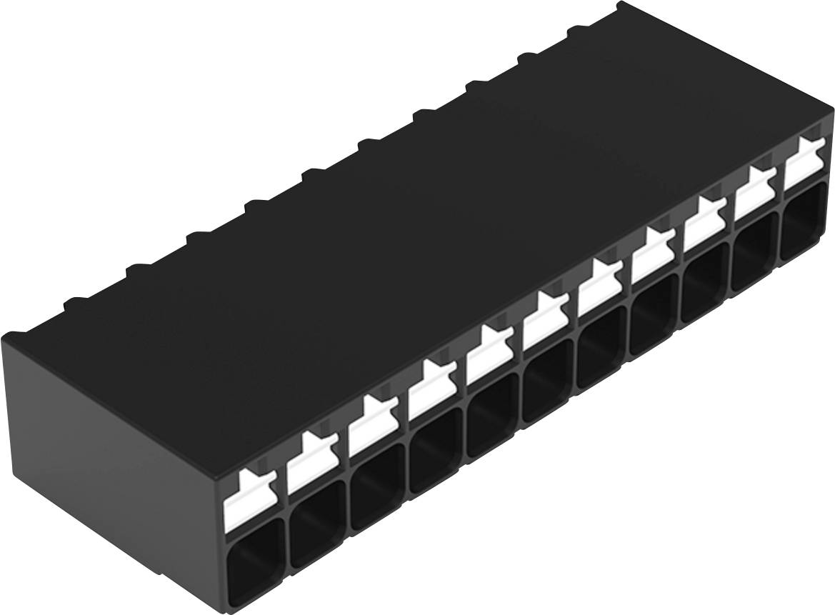 Ein schwarzes rechteckiges Anschlussblock mit mehreren quadratischen Öffnungen und weißen Klammern zum Halten von Kabeln, das in elektronischen Baugruppen verwendet wird.