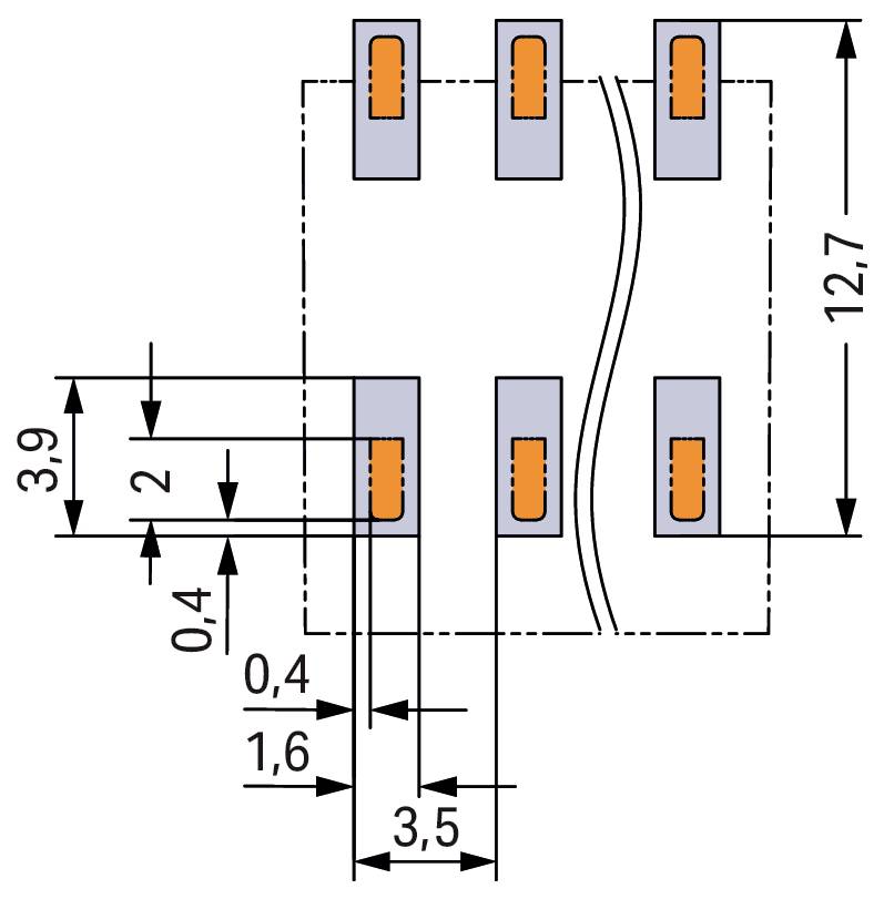 Ein technisches Diagramm mit Abmessungen und Anordnung einer 6-poligen elektrischen Komponente. Die Messwerte umfassen eine Höhe von 12,7 mm und spezifische Abstände zwischen den Anschlüssen.