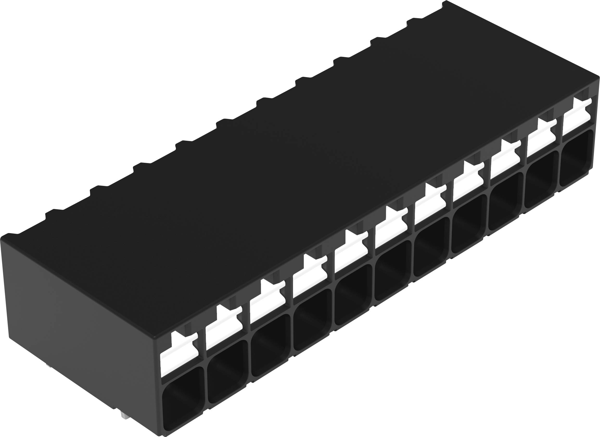 Ein rechteckiger schwarzer Stecker mit mehreren parallel angeordneten Anschlüssen, von denen jeder einen kleinen weißen Verschlussmechanismus zum Sichern von Verbindungen aufweist.