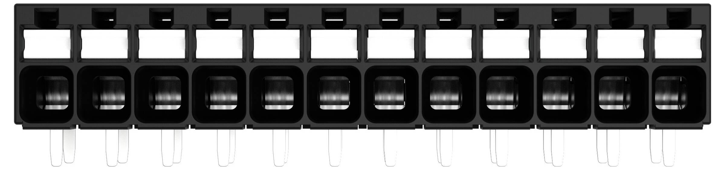 Eine Reihe von elf schwarzen Elektrosteckverbindern mit Metallstiften darunter, von oben betrachtet, verwendet für Leiterplattenmontagen.