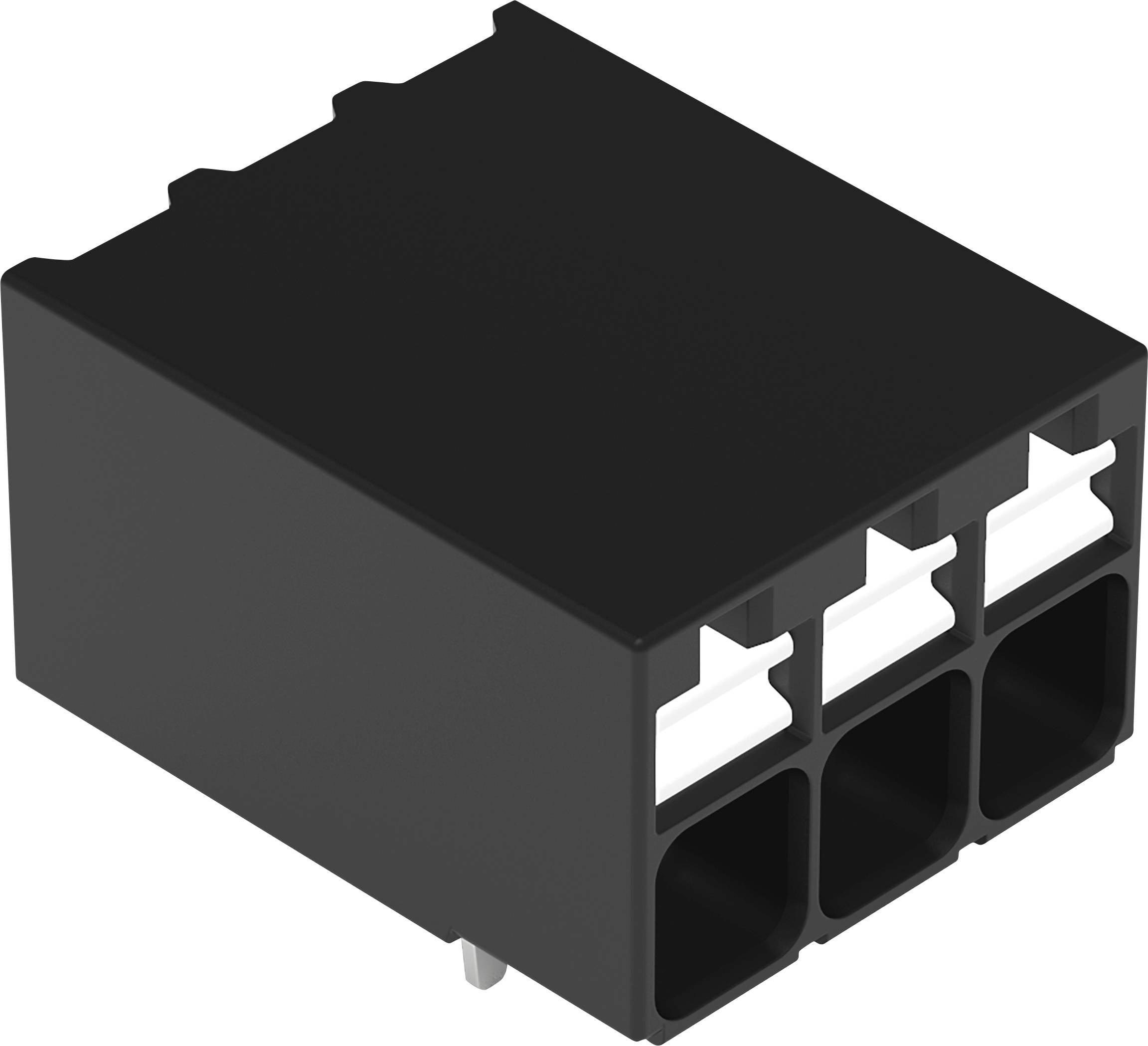Ein schwarzer, rechteckiger Kunststoff-Elektrostecker mit vier Buchsen, abgewinkelt zur Befestigung, für die Verkabelung von Komponenten konzipiert.
