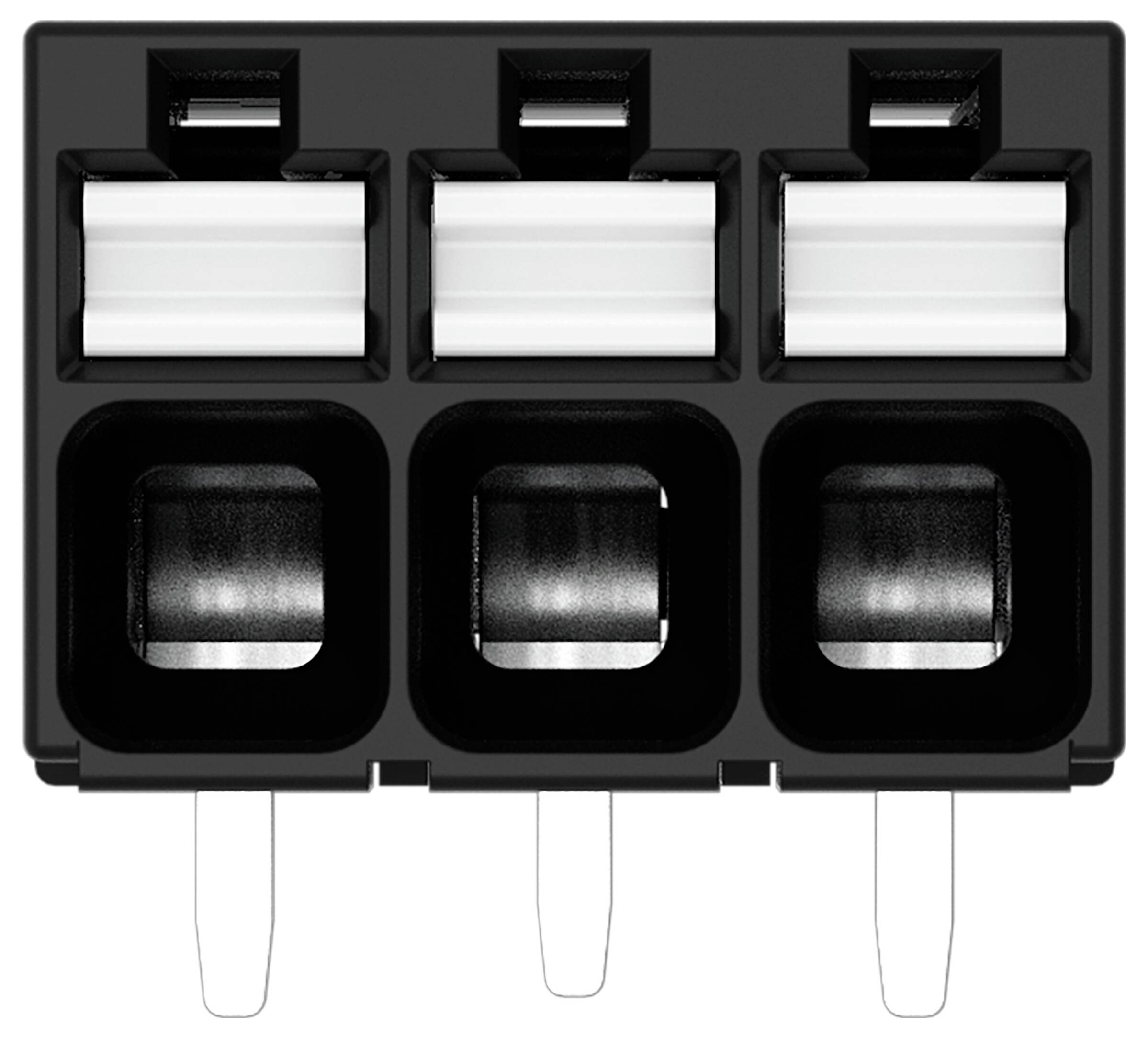 Ein dreipoliges rechteckiges Klemmleistenmodul mit dunklem Gehäuse und weißen Hebeln oben, konzipiert für elektrische Verbindungen.