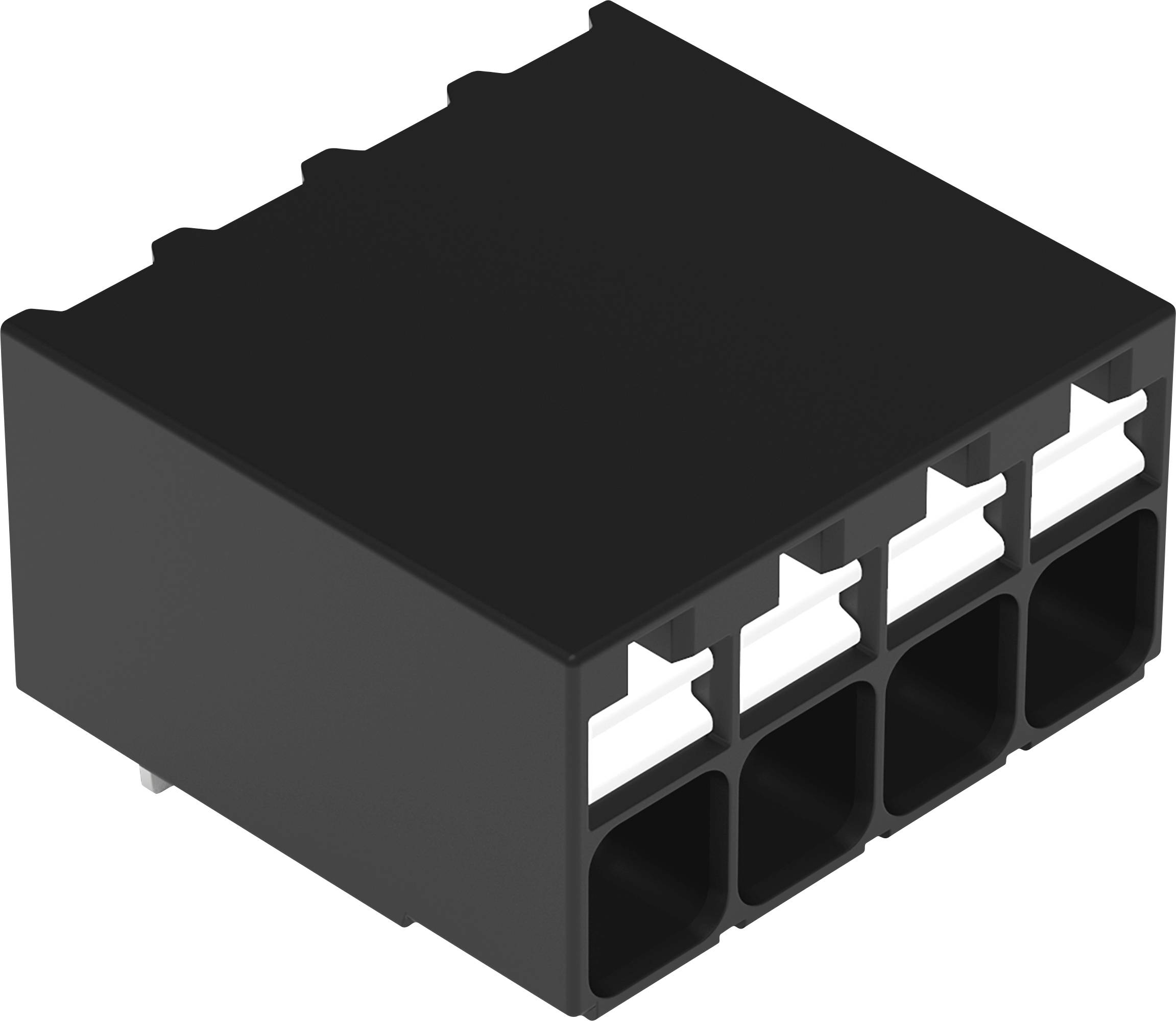 Ein schwarzer Elektrosteckverbinder-Block mit mehreren weißen internen Steckverbindern, entwickelt zum Sichern und Verbinden von Elektrokabeln.