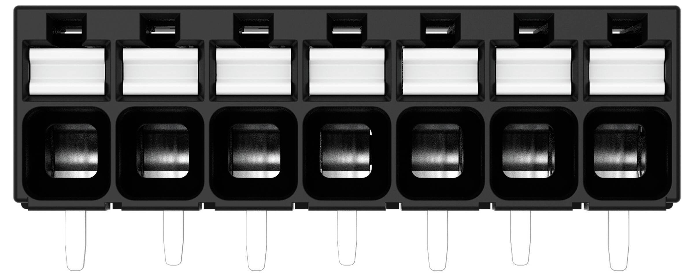 Eine schwarze, rechteckige elektronische Komponente mit zehn Metallstiften an der Unterseite für Schaltplatinenverbindungen.