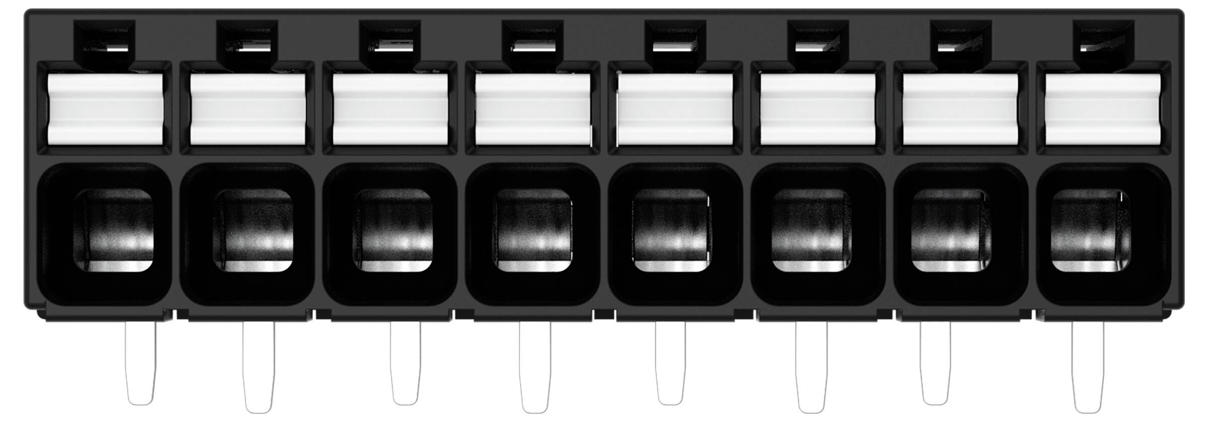 Ein schwarzer Mehrfach-Elektrostecker mit acht Anschlüssen und weißen Verriegelungshebeln, verwendet zum Sichern von Drahtverbindungen.