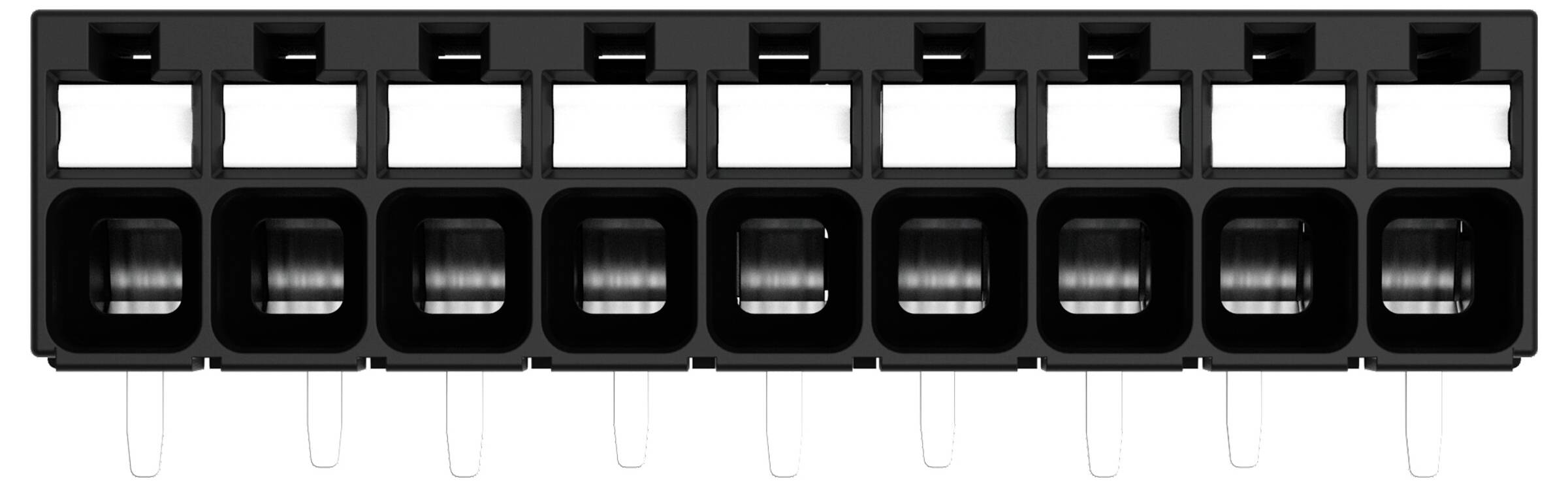 Ein gelber Elektroklemmenblock mit Kupferverdrahtung im Inneren, mit orangefarbenen Clips oben. Der Markenname „WAGO