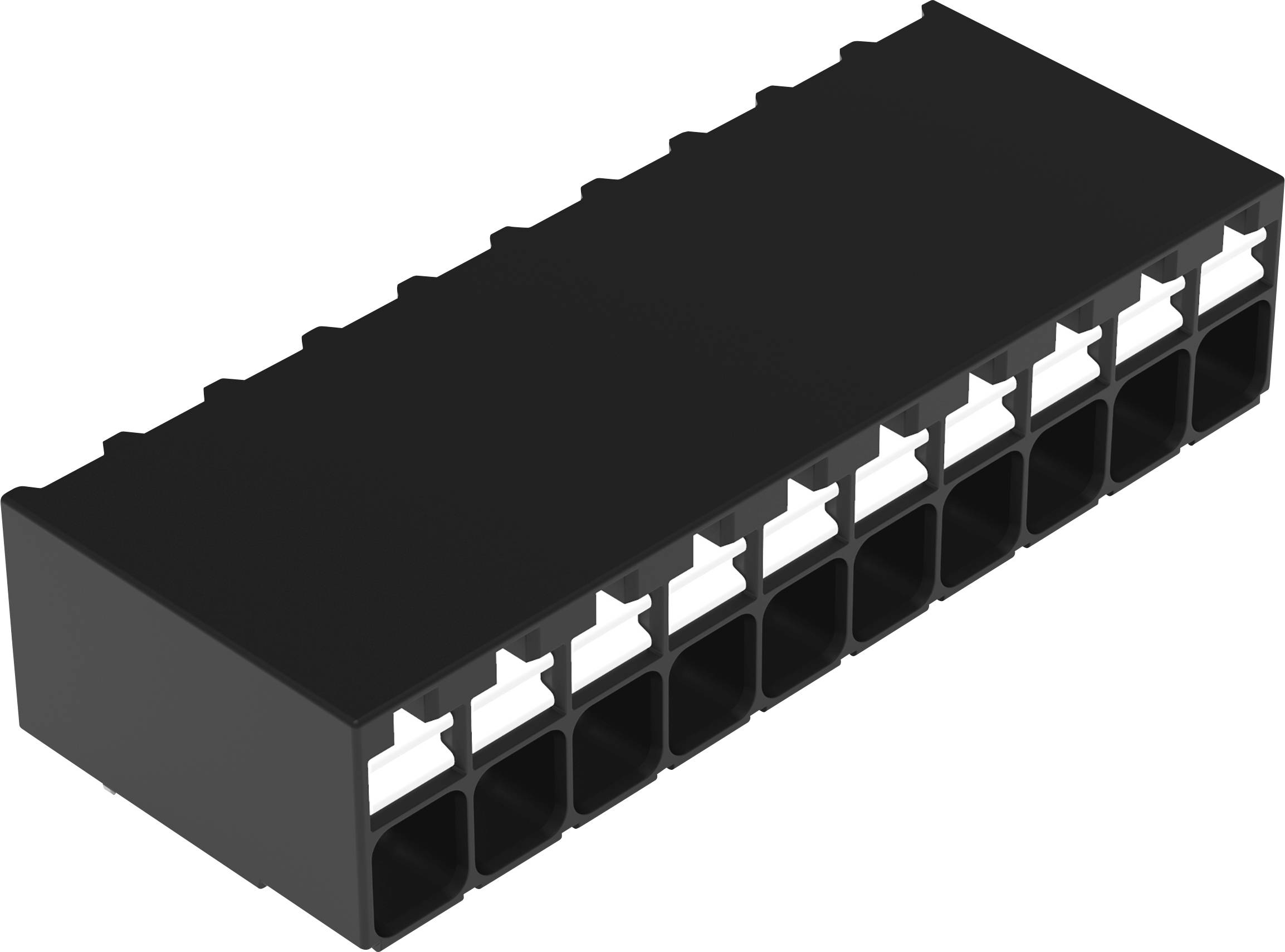 Ein schwarzes Kunststoff-Steckgehäuse mit 12 rechteckigen Schlitzen in zwei Reihen, wobei jeder Schlitz eine weiße Verriegelungslasche enthält, das für elektrische Verbindungen verwendet wird.