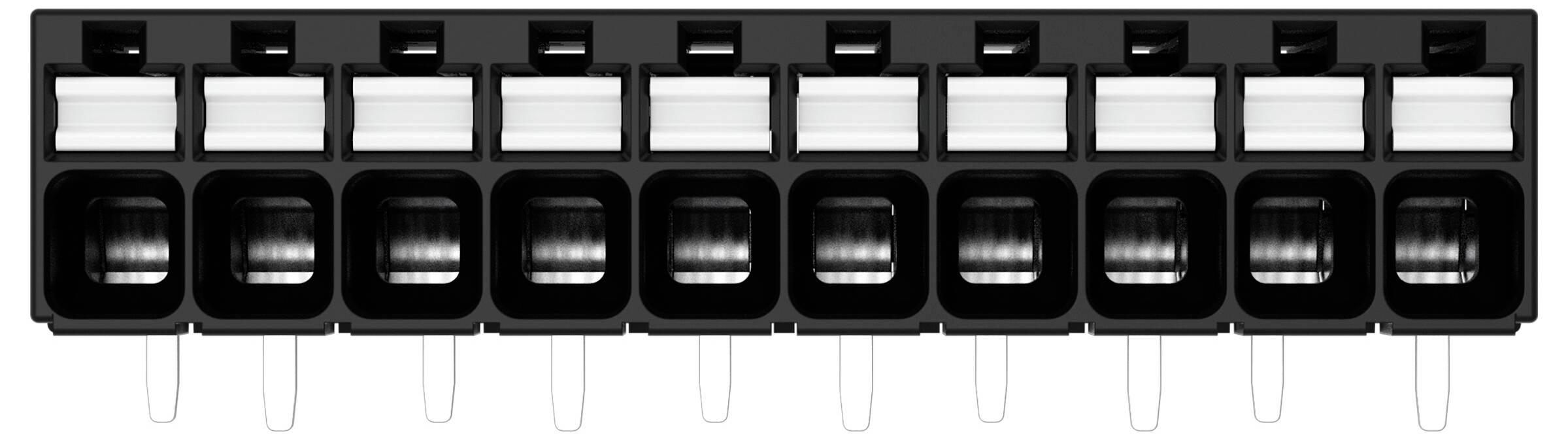 Eine Reihe von zehn schwarzen elektrischen Anschlussblöcken mit Drahteinführungspunkten von oben, die zum Verbinden und Sichern von elektrischen Drähten verwendet werden.