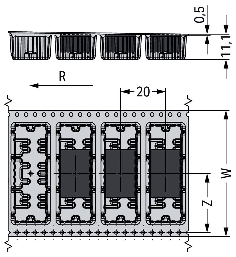 Diagramm der Anordnung mechanischer Komponenten, das vier Abteile zeigt, jedes mit mechanischen Teilen. Abmessungen sind gekennzeichnet: 11.1, 0.5, 20, W, Z, R.