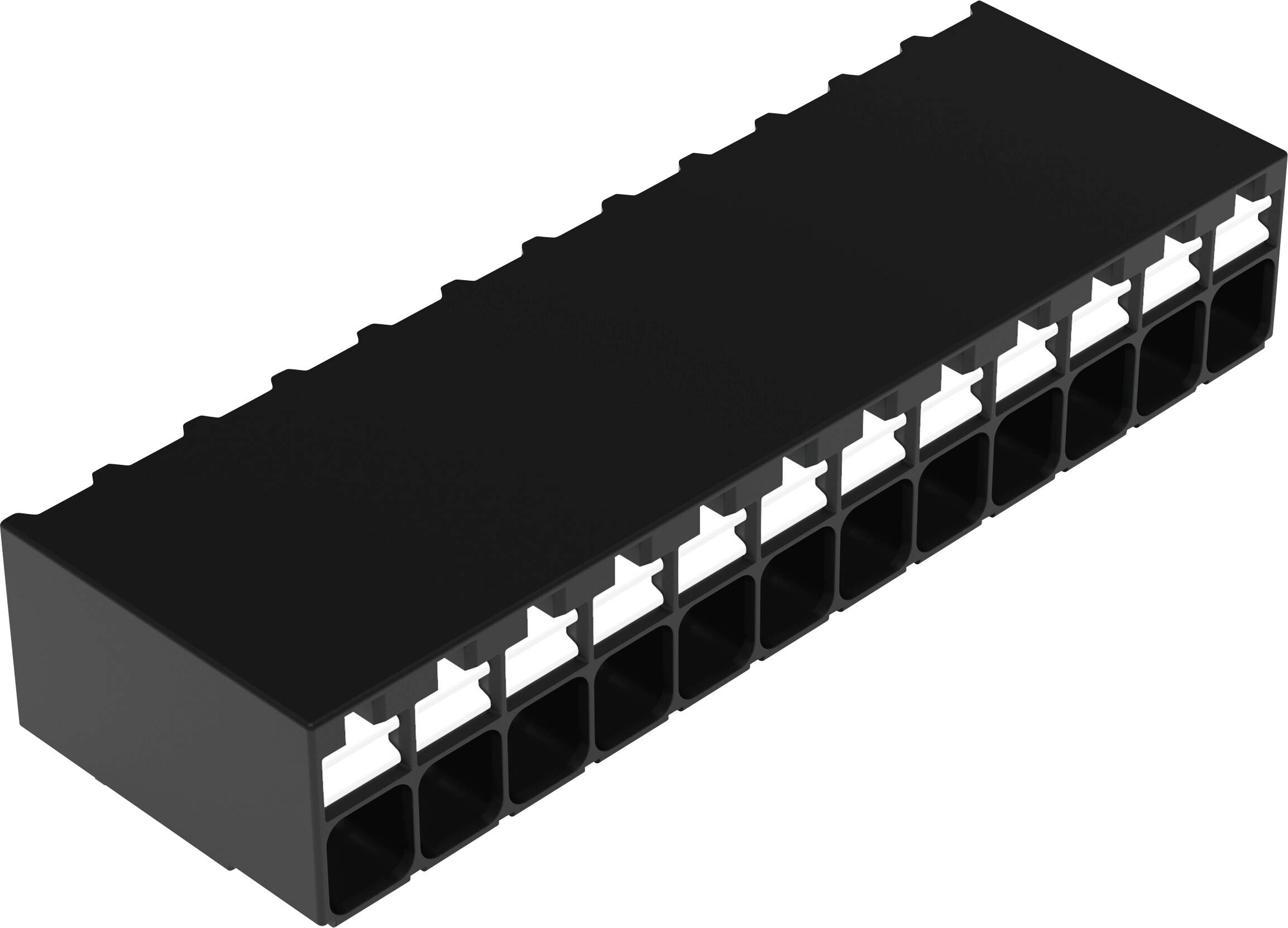 Ein weißer vierlagiger Elektroklemmenblock mit drei Anschlussschlitzen wird angewinkelt nach rechts dargestellt.