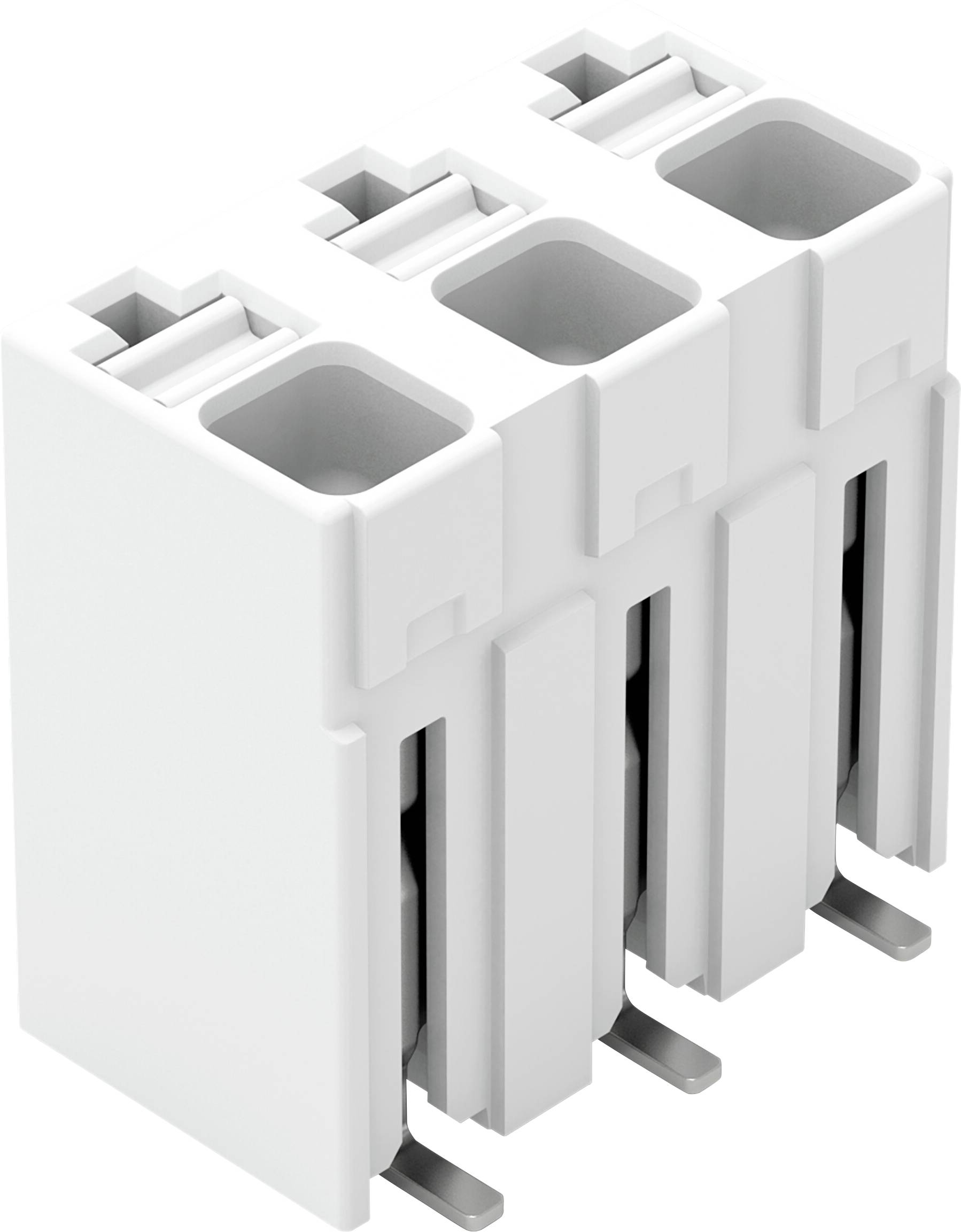Ein weißer, dreischlitziger elektrischer Stecker mit Metallstiften, konstruiert zum sicheren Halten von drei separaten elektrischen Drähten.