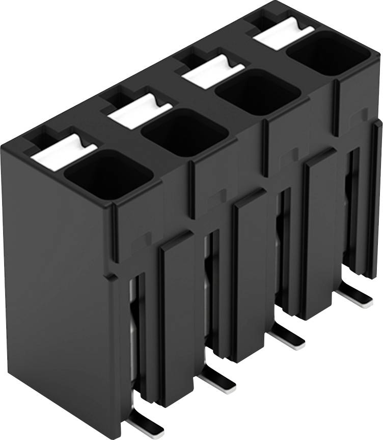 Eine 3D-Darstellung eines schwarzen, vierpoligen Elektrosteckers mit Metallkontakten, konstruiert für die Montage auf einer Leiterplatte, aus einem schrägwinkligen Blickwinkel dargestellt.