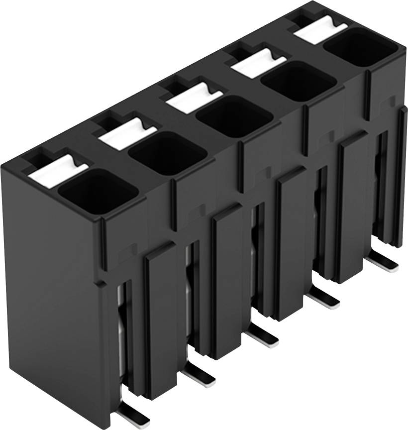 Ein schwarzer, sechsfach-Stromstecker mit drei Stiften pro Schlitz, für die Befestigung auf einer Leiterplatte ausgelegt, vertikal angeordnet.