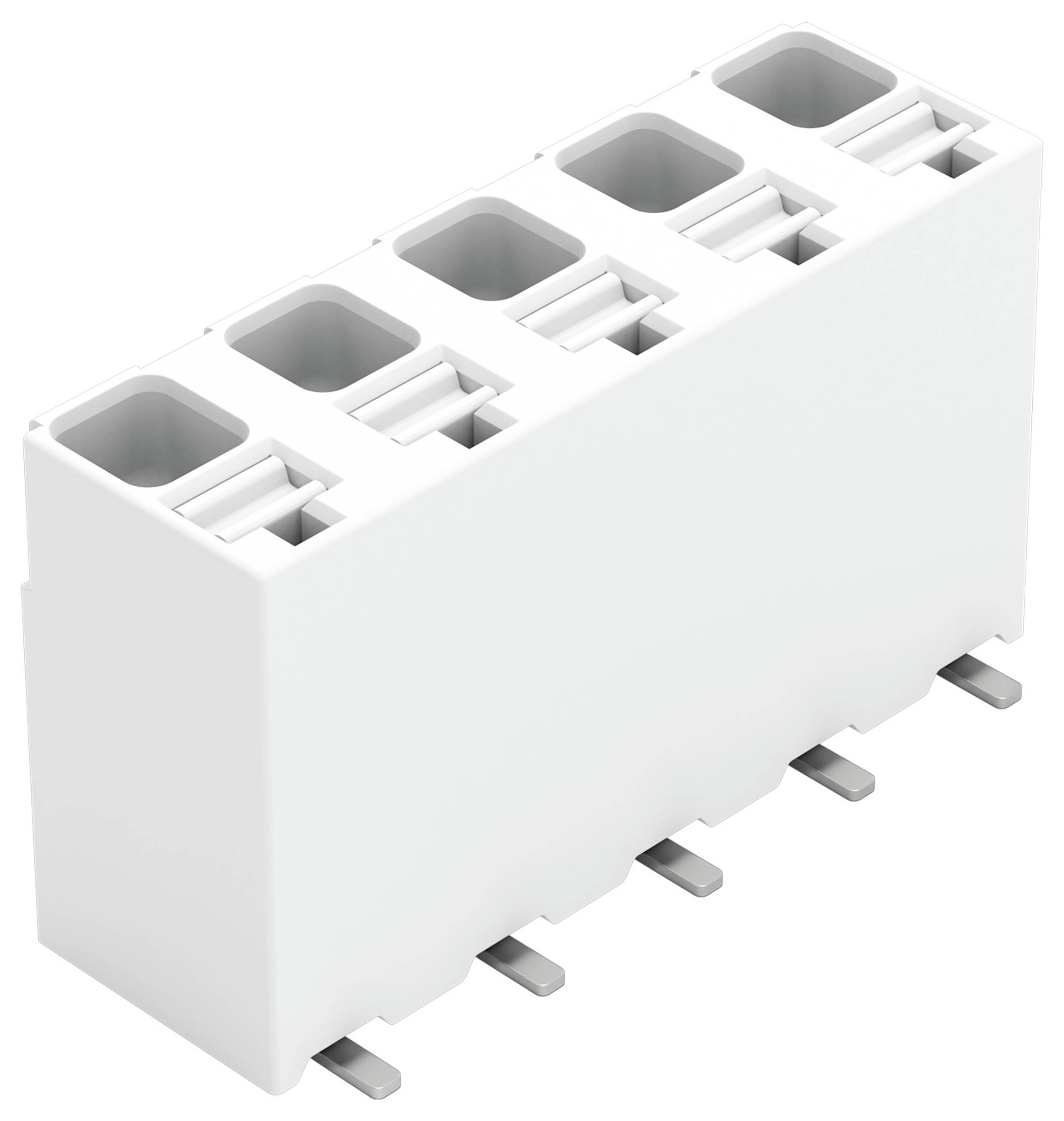 Ein weißer, rechteckiger elektrischer Stecker mit sechs Schlitzen und Metallstiften an der Unterseite, der zur sicheren Verbindung von Komponenten verwendet wird.