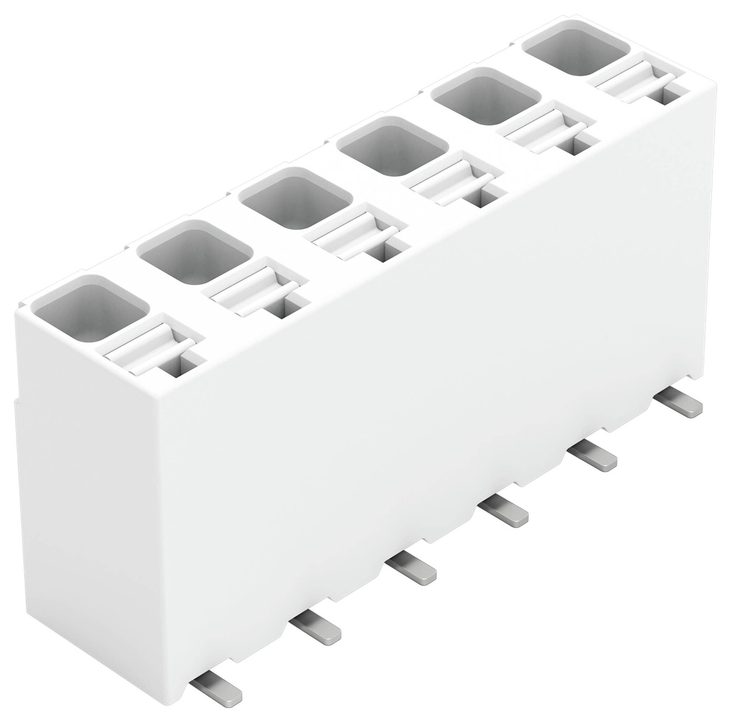 Ein weißer modularer Elektrostecker mit acht Kontaktstellen, mit Metallkontakten darunter zur Befestigung auf der Leiterplatte.