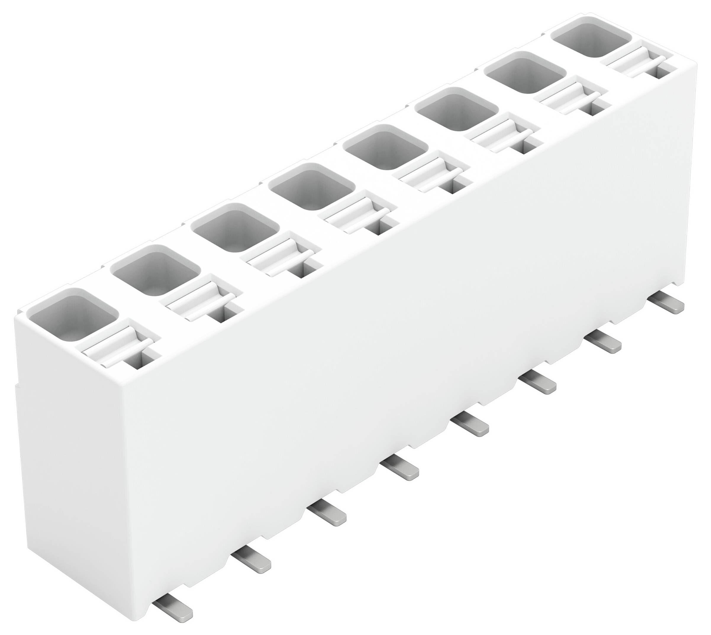Ein schwarzer Kunststoff-Elektrostecker mit fünf rechteckigen Schlitzen und Metallkontakten, der zum Verbinden elektronischer Komponenten mit einer Leiterplatte verwendet wird.