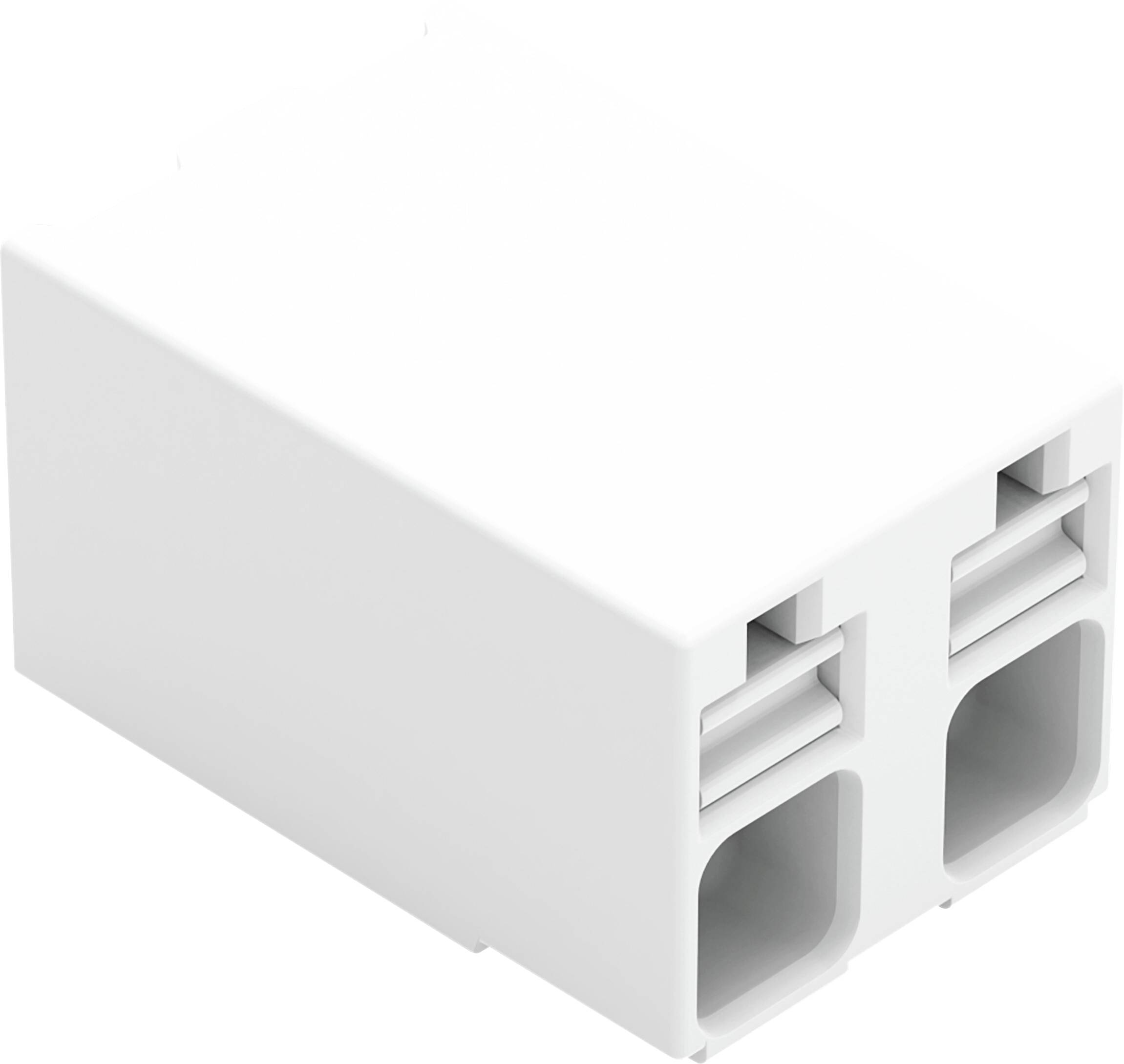 Weißer Stromverbinder mit zwei Drahtschächten und internen Metallklemmen.