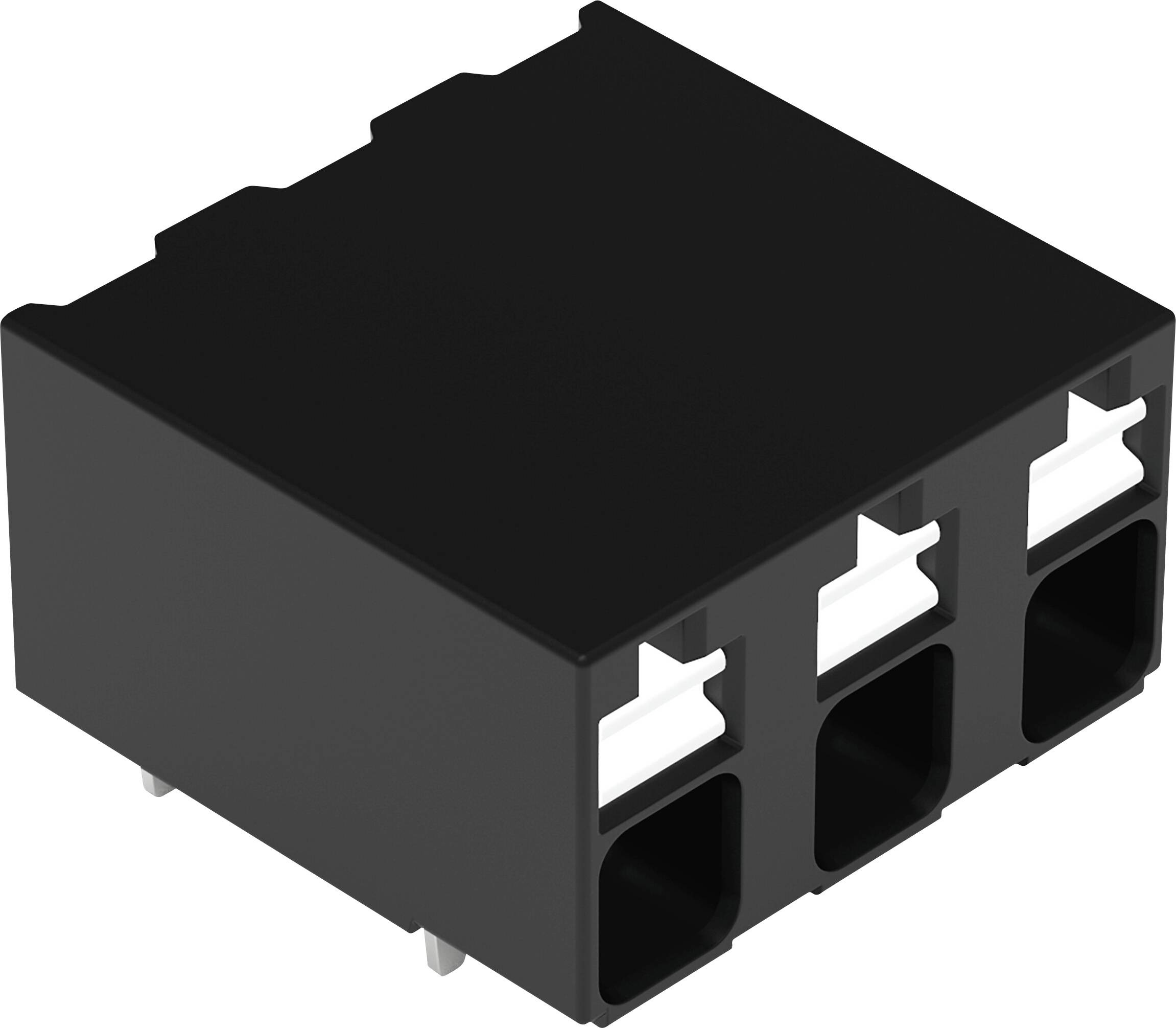 Ein 3-poliger rechteckiger schwarzer elektronischer Stecker mit Metallkontakten, der für elektrische Verdrahtungsverbindungen verwendet wird.