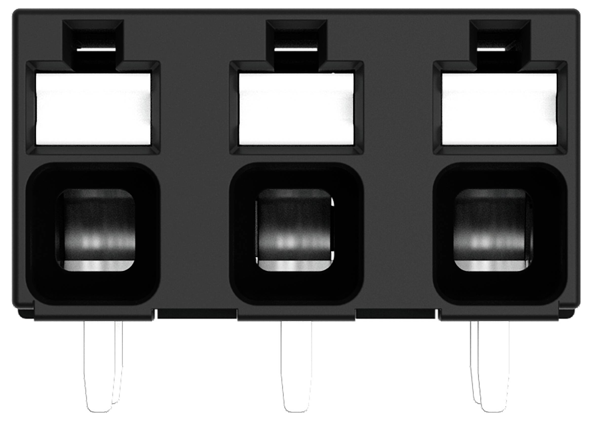 Ein schwarzer, rechteckiger Steckverbinder mit drei Schlitzen und sichtbaren metallischen Anschlüssen, entwickelt für elektrische Verbindungen.