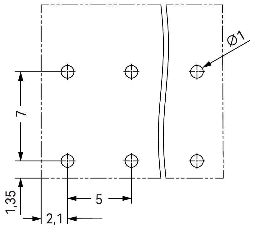 Technische Zeichnung einer rechteckigen Platte mit sechs gleichmäßig verteilten Löchern. Die Abmessungen sind mit 5,5 Breite, 3,5 und 2,1 Abstände gekennzeichnet.