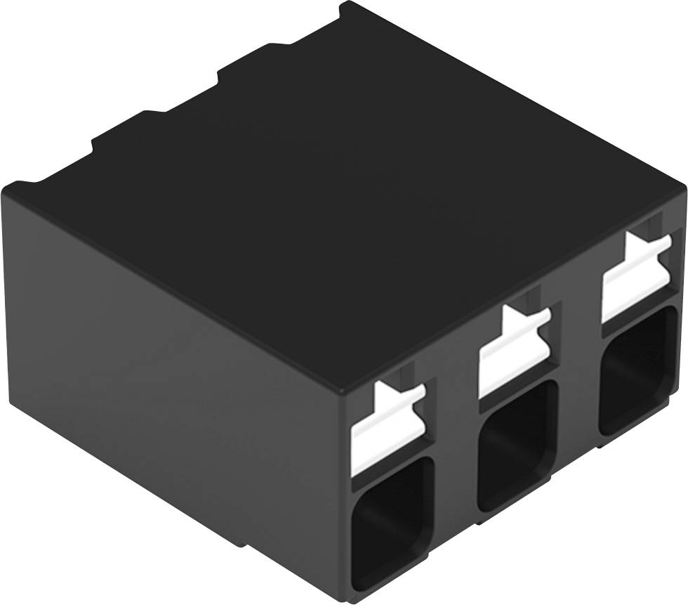 Ein schwarzer, dreipoliger Klemmleistenblock mit weißen Klemmhebeln, verwendet zum sicheren Anschluss von Drähten in elektrischen Installationen.