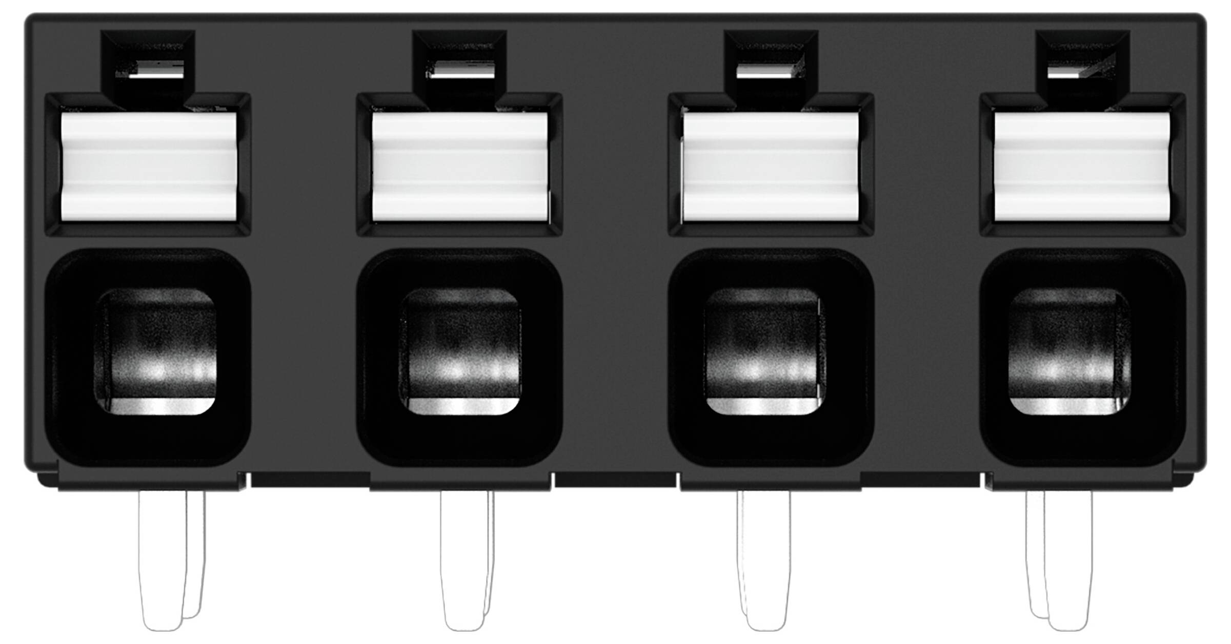 Ein schwarzer Vier-Fach-Batteriehalter mit silbernen Anschlüssen an der Unterseite, entwickelt zum sicheren Sitz und zur Verbindung mehrerer zylindrischer Batterien.