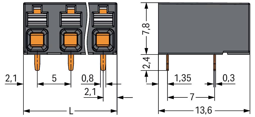 Vorder- und Seitenansichten eines elektrischen Steckers mit beschrifteten Abmessungen: Höhe 8,15 mm, Länge 13,6 mm und verschiedene Bauteilmessungen.
