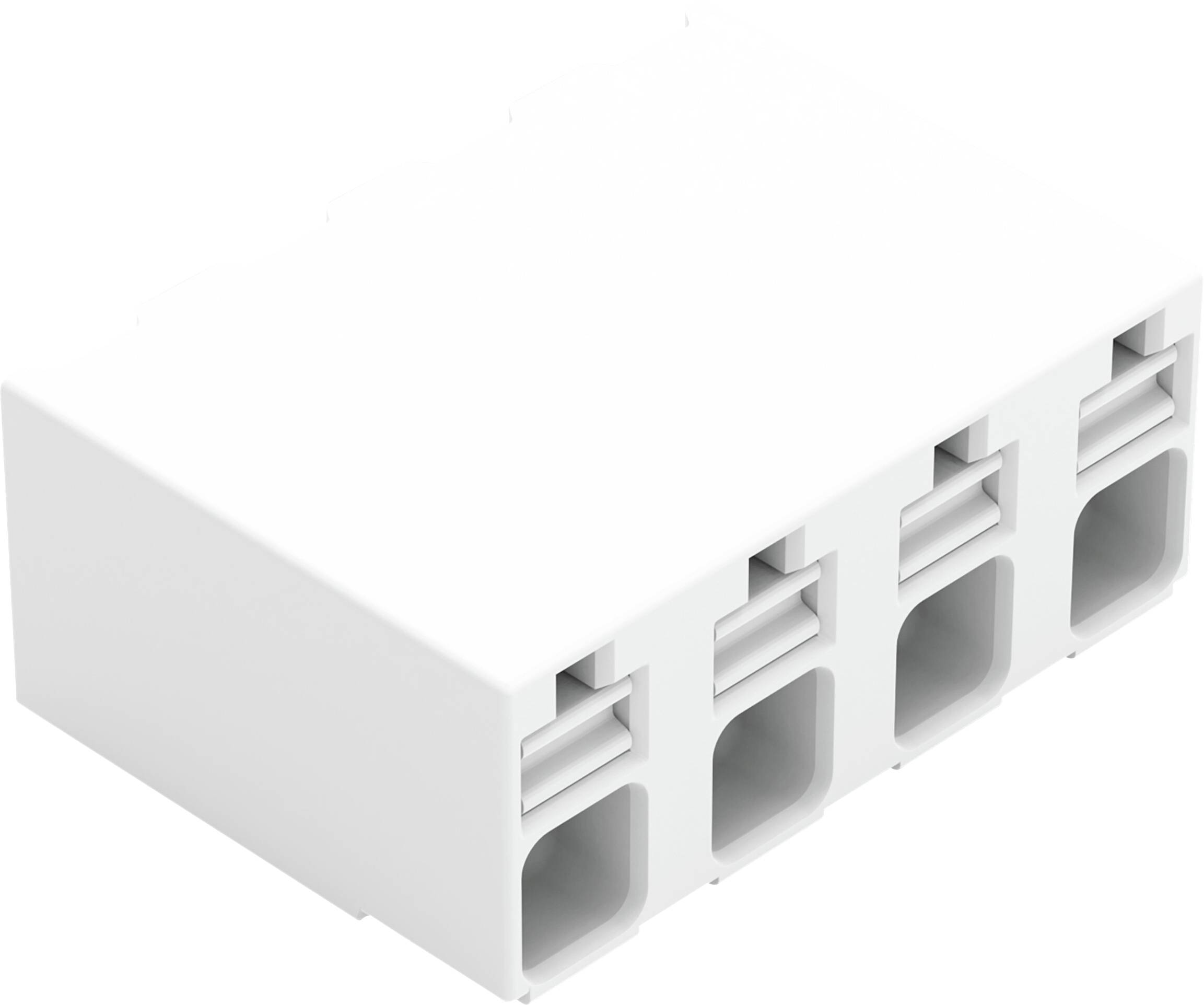 Ein weißer Kunststoff-Elektrostecker mit fünf Schlitzen, typischerweise für Verdrahtungsverbindungen in elektronischen Geräten und Systemen verwendet.