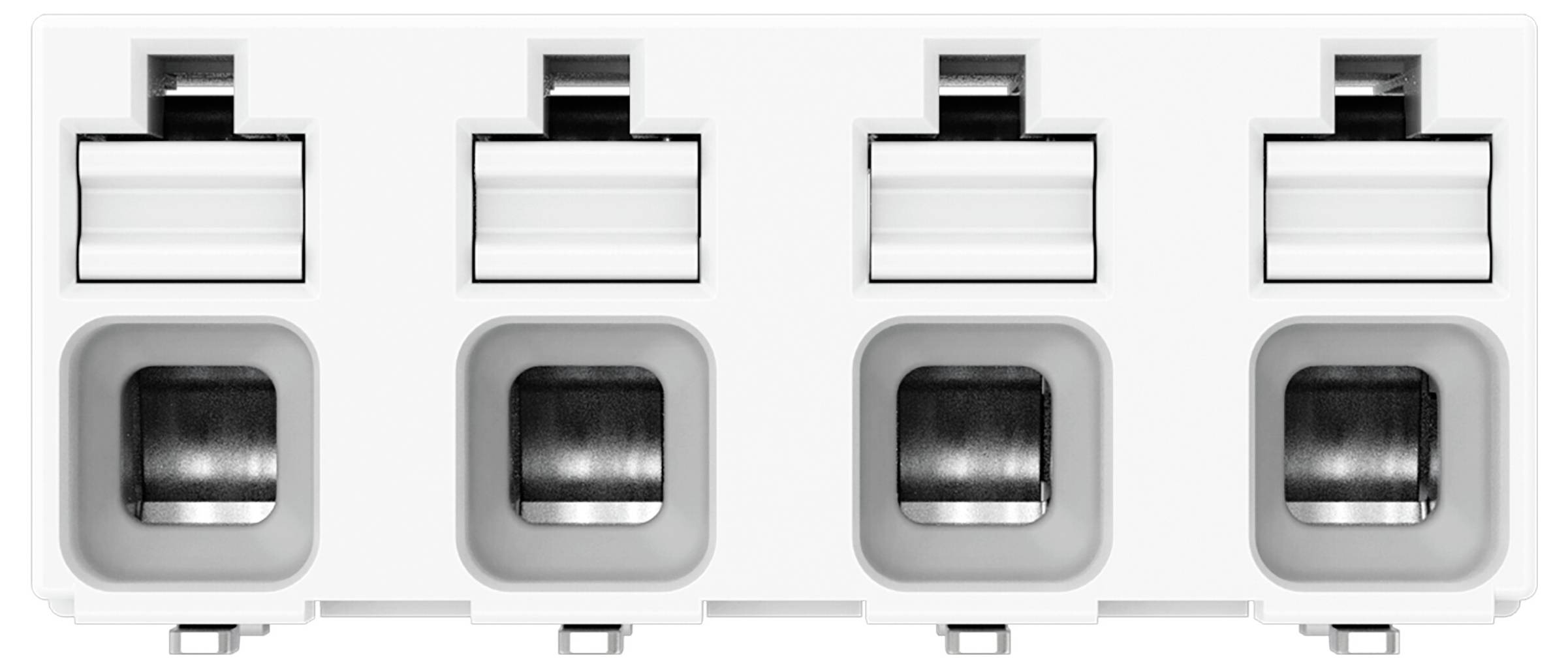 Vier weiße Netzwerkschnittstellen mit Entriegelungstabs sind horizontal auf einem Gerät ausgerichtet.