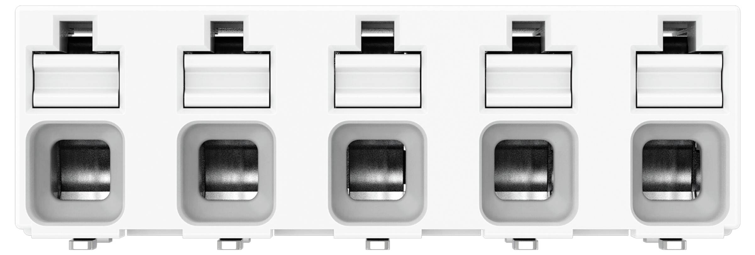 Ein weißer Elektrosteckblock mit fünf Anschlüssen, von denen jeder ein metallisches zylindrisches Inneres zur Drahtverbindung aufweist.