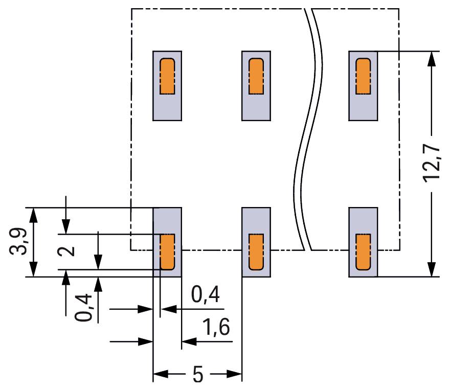 Ein technisches Diagramm, das die Abmessungen einer elektronischen Komponente zeigt, mit markierten Messwerten: Länge 12,7, Breite 3,9, Pinabstand 0,4 und anderen gekennzeichneten Abständen.