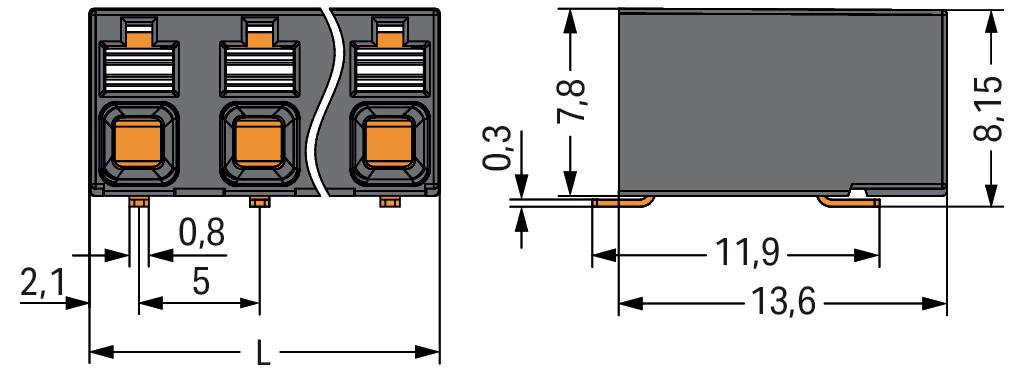 Technische Zeichnung eines 6-poligen elektrischen Steckers mit in Millimetern beschrifteten Abmessungen, zeigt Vorder- und Seitenansicht; Stifte sind hervorgehoben.