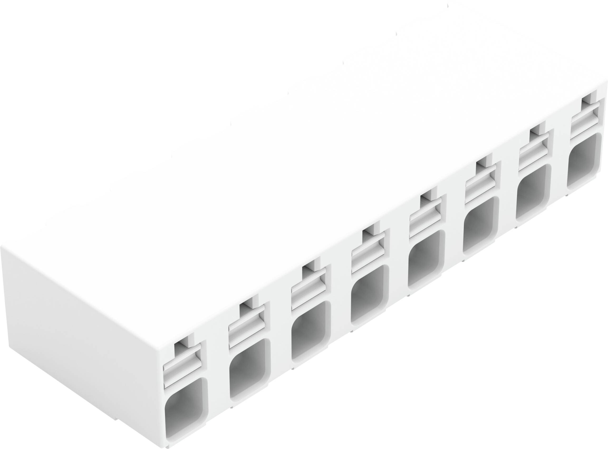 Ein weißes, rechteckiges Netzwerk-Keystone-Patchfeld mit mehreren Anschlüssen, das zur Verwaltung und zum Verbinden mehrerer Netzwerkkabel in einer strukturierten Konfiguration konzipiert ist.