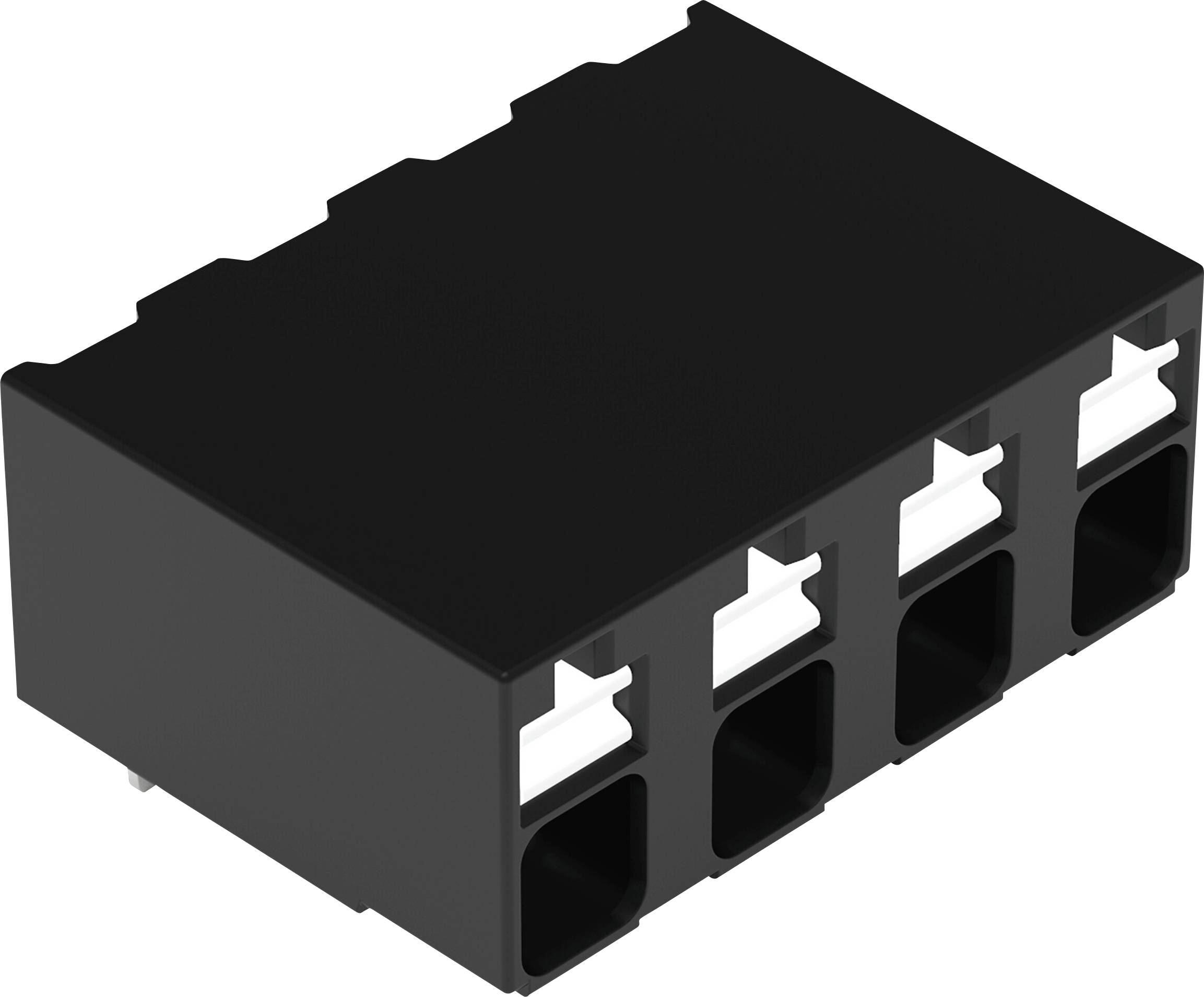 Ein schwarzer rechteckiger Elektrostecker mit vier Anschlussplätzen für Steckverbindungen, der in der Elektronik zum Gehäuse und zur Anordnung von Verbindungen verwendet wird.