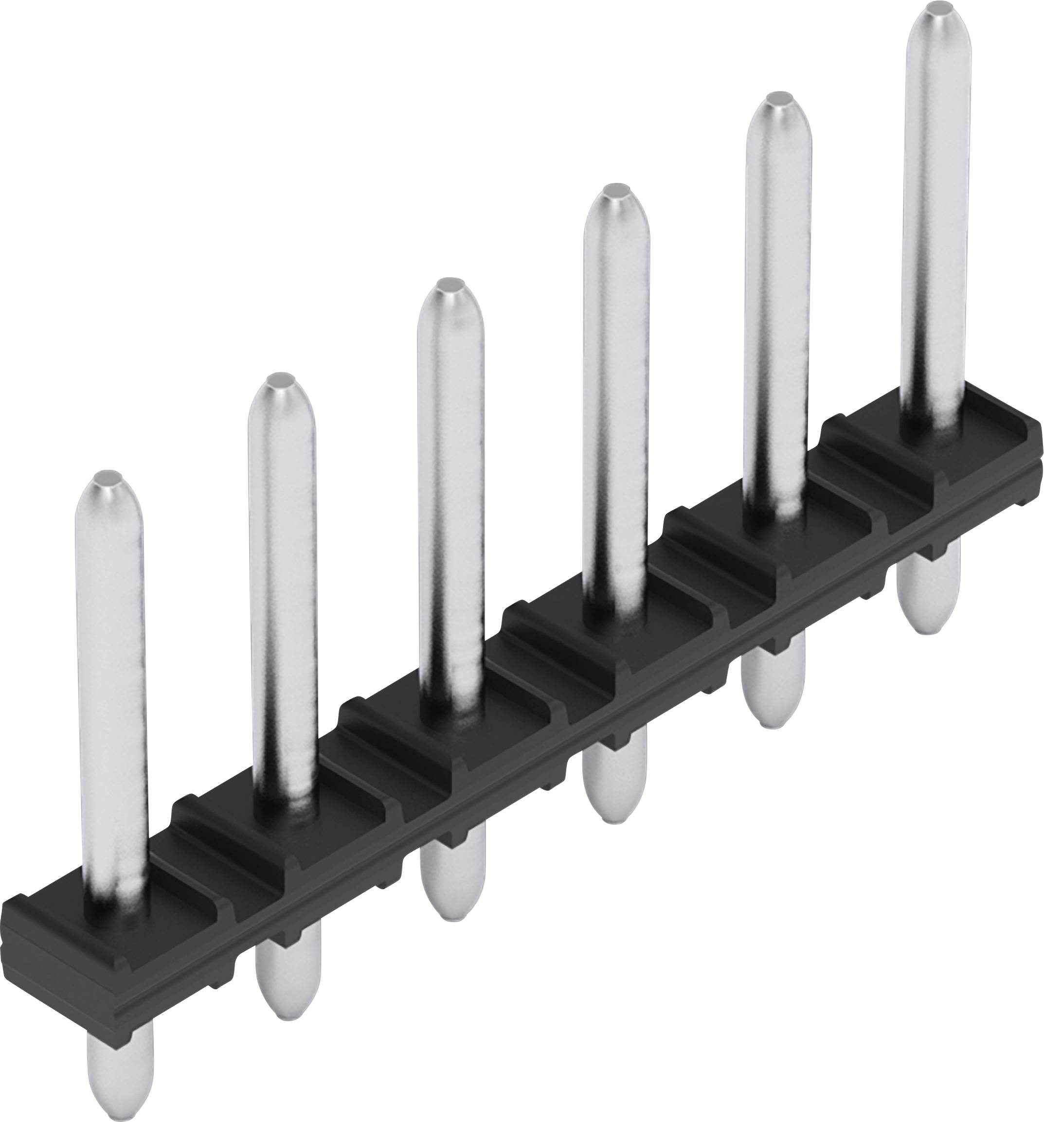 Ein sechspoliger Stiftleisten-Stecker aus schwarzem Kunststoff mit Silberkontakten, verwendet für elektronische Verbindungen auf einer Leiterplatte.