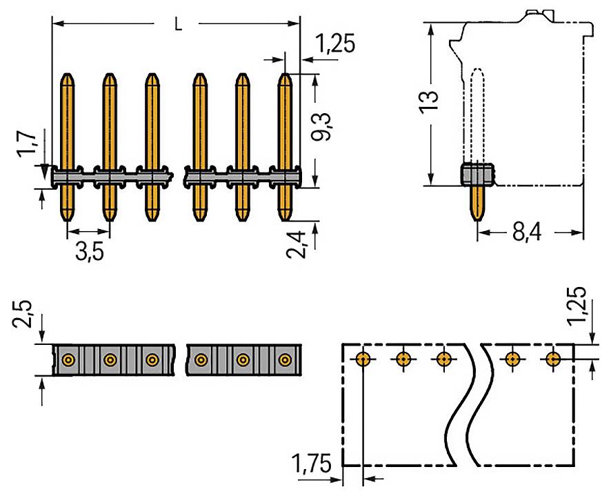 Technische Zeichnung von Steckerstiften mit Abmessungen. Zeigt Stiftlänge 