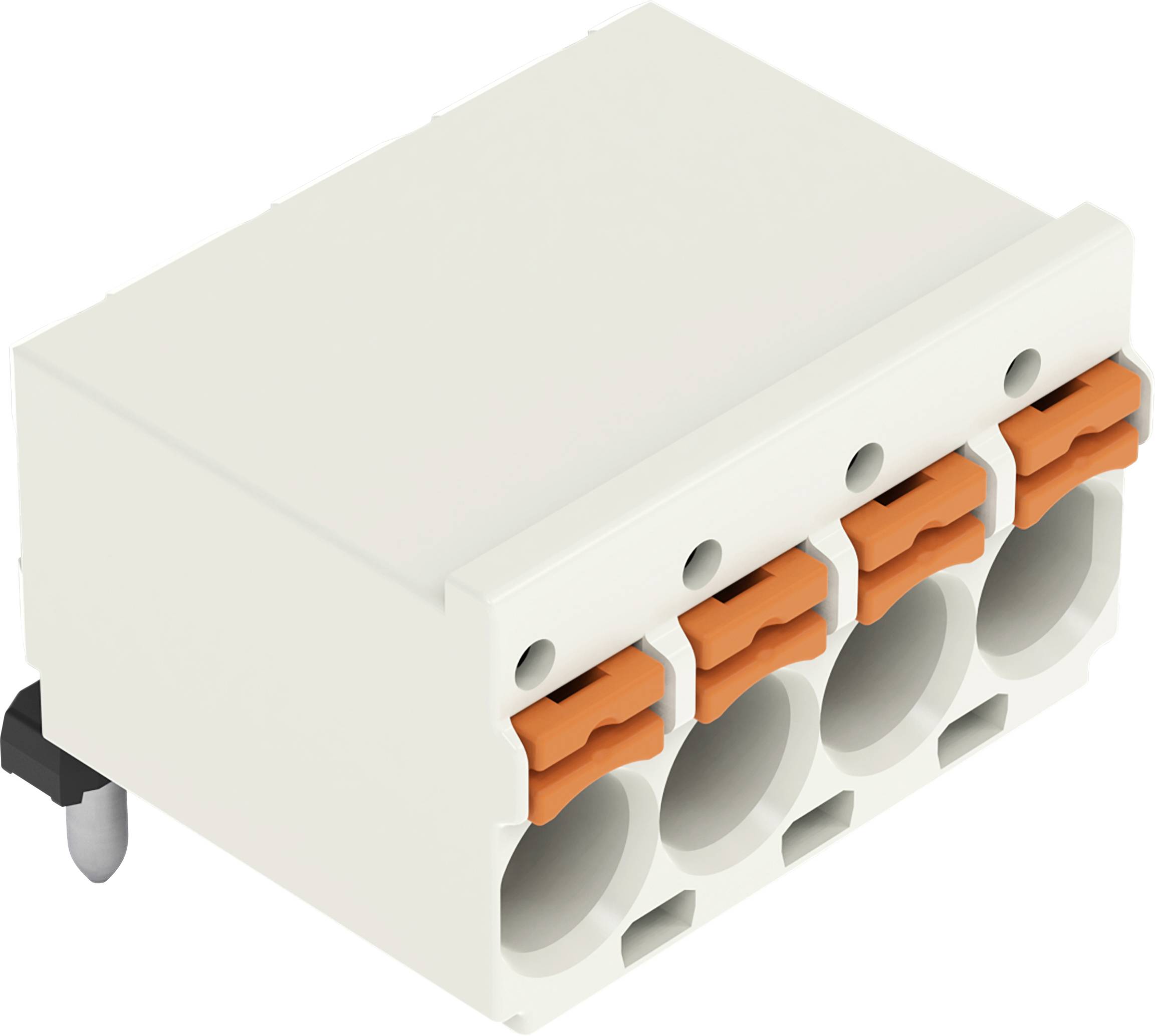 Ein weißer Elektrostecker mit vier orangefarbenen Klammern, der zum Sichern von Drähten verwendet wird. Geeignet für die Integration auf Leiterplatten.