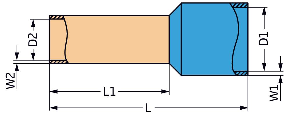 Diagramm eines mechanischen Bauteils mit zylindrischen und länglichen Formen, das Abmessungen zeigt: L, L1, D1, D2, W1, W2, D; verwendet blaue und orange Farben.