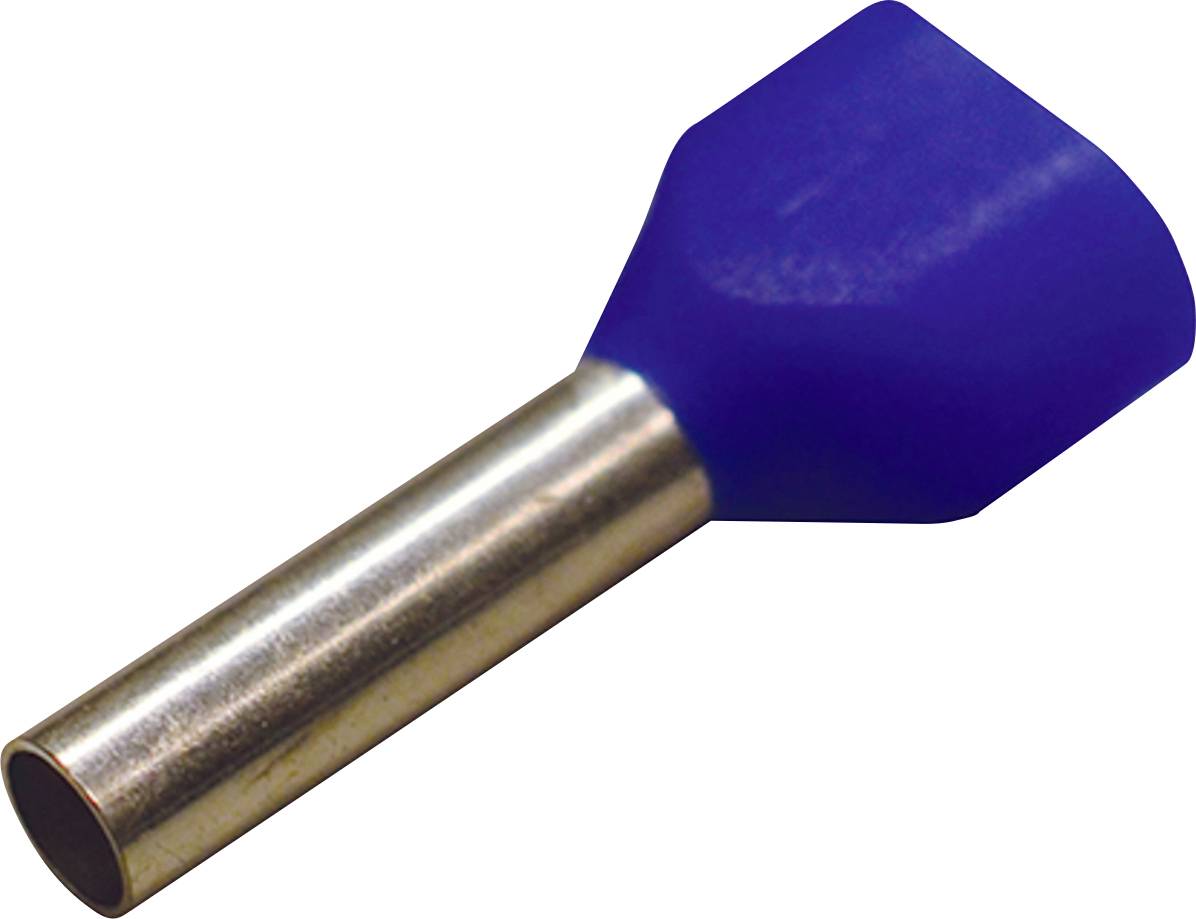 Eine blaue isolierte Aderendhülse mit einem Metallrohr, das sich von einem Ende erstreckt, verwendet um elektrische Verbindungen zu verbessern, indem das Ausfransen des Drahtes verhindert wird.