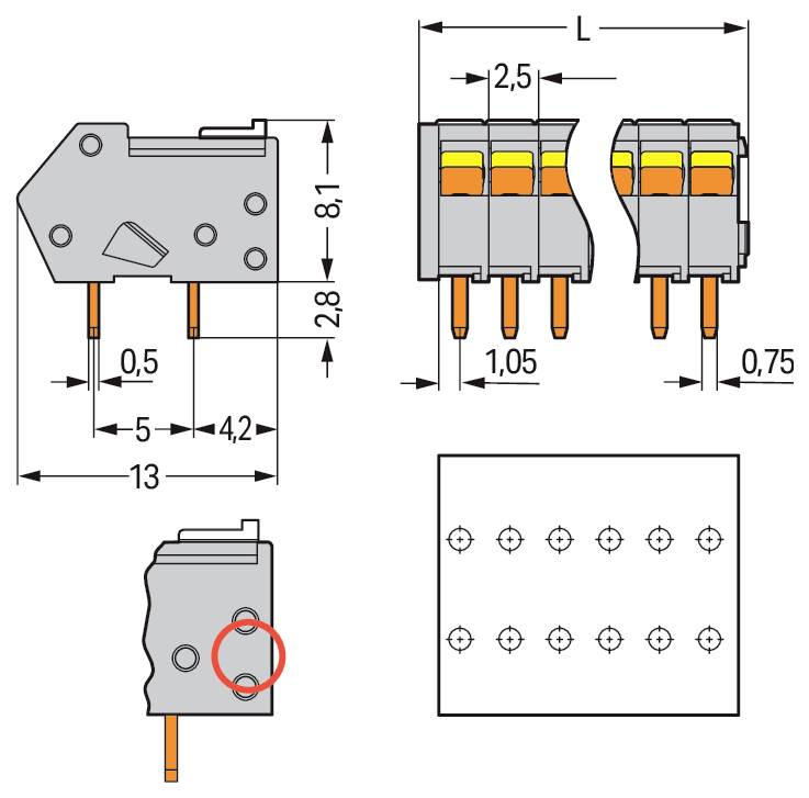 Technische Zeichnung eines Steckers. Beschriftete Abmessungen umfassen 13mm Breite, 4,2mm und 2,8mm Höhe. Zeigt Stift- und Buchsenansichten.