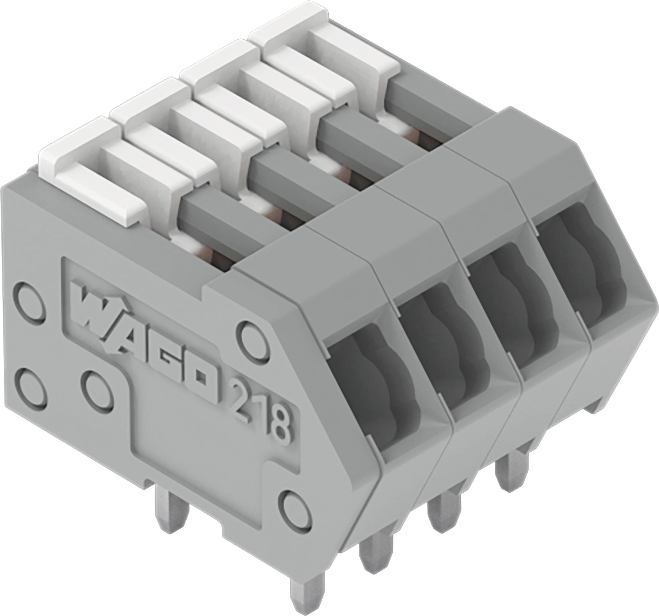 Ein grauer WAGO 218-Elektrostecker mit vier Anschlüssen, entwickelt für eine einfache Installation und sichere Verbindungen in Elektrosystemen.